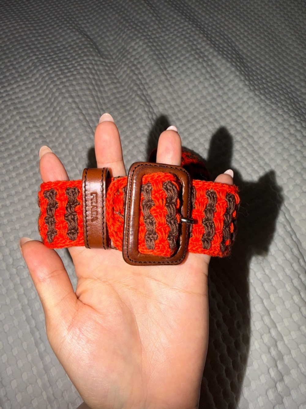 collectible Prada belt. Hand-crocheted and leather.